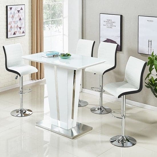 Merrill Glass White Gloss Bar Table 4 Riga White Black Stools