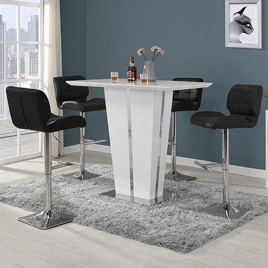Merrill Glass White High Gloss Bar Table 4 Canyon Black Stools