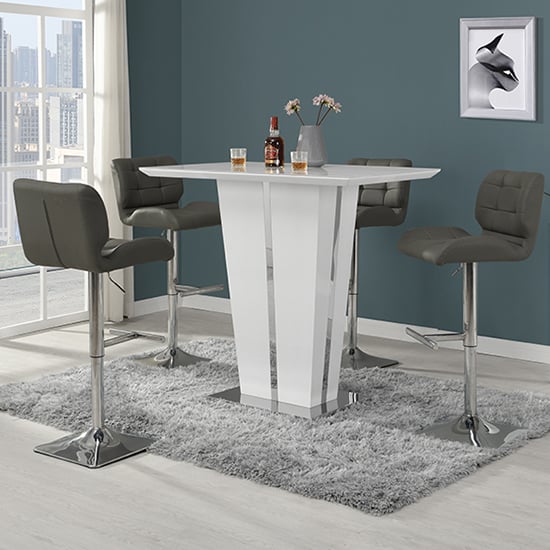 Merrill Glass White High Gloss Bar Table 4 Canyon Grey Stools