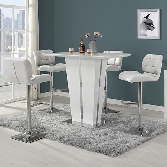 Merrill Glass White High Gloss Bar Table 4 Canyon White Stools
