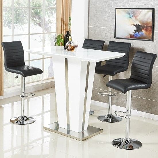 Merrill Glass White High Gloss Bar Table 4 Rifle Black Stools