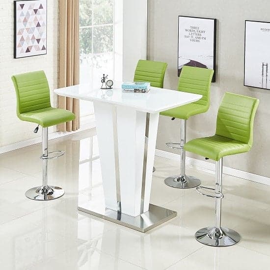 Merrill Glass White High Gloss Bar Table 4 Rifle Green Stools