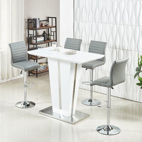 Merrill Glass White High Gloss Bar Table 4 Rifle Grey Stools