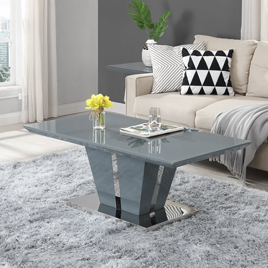 Merrill High Gloss Coffee Table In Grey With Glass Top