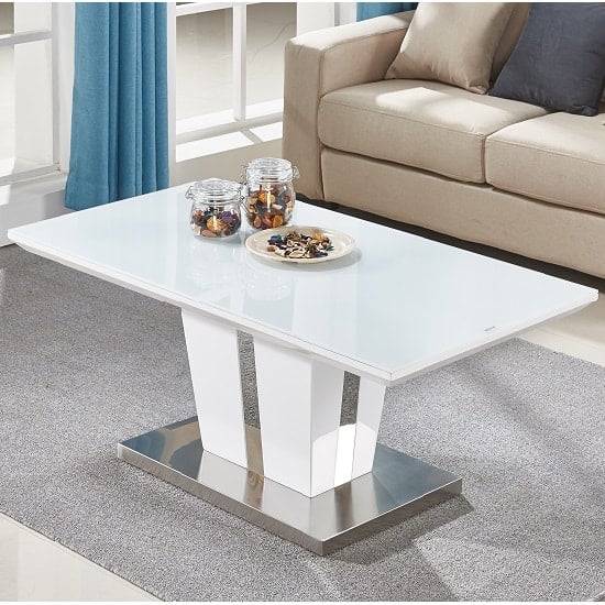 Merrill High Gloss Coffee Table In White With Glass Top