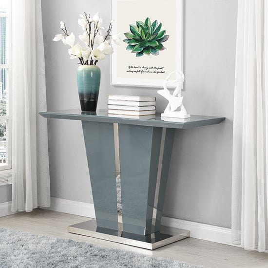 Merrill High Gloss Console Table In Grey With Glass Top