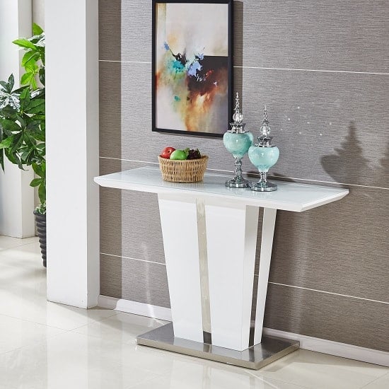 Merrill High Gloss Console Table In White With Glass Top