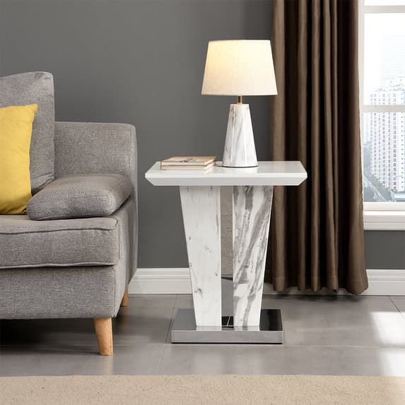 Merrill High Gloss Lamp Table In Filo Marble Effect Glass Top