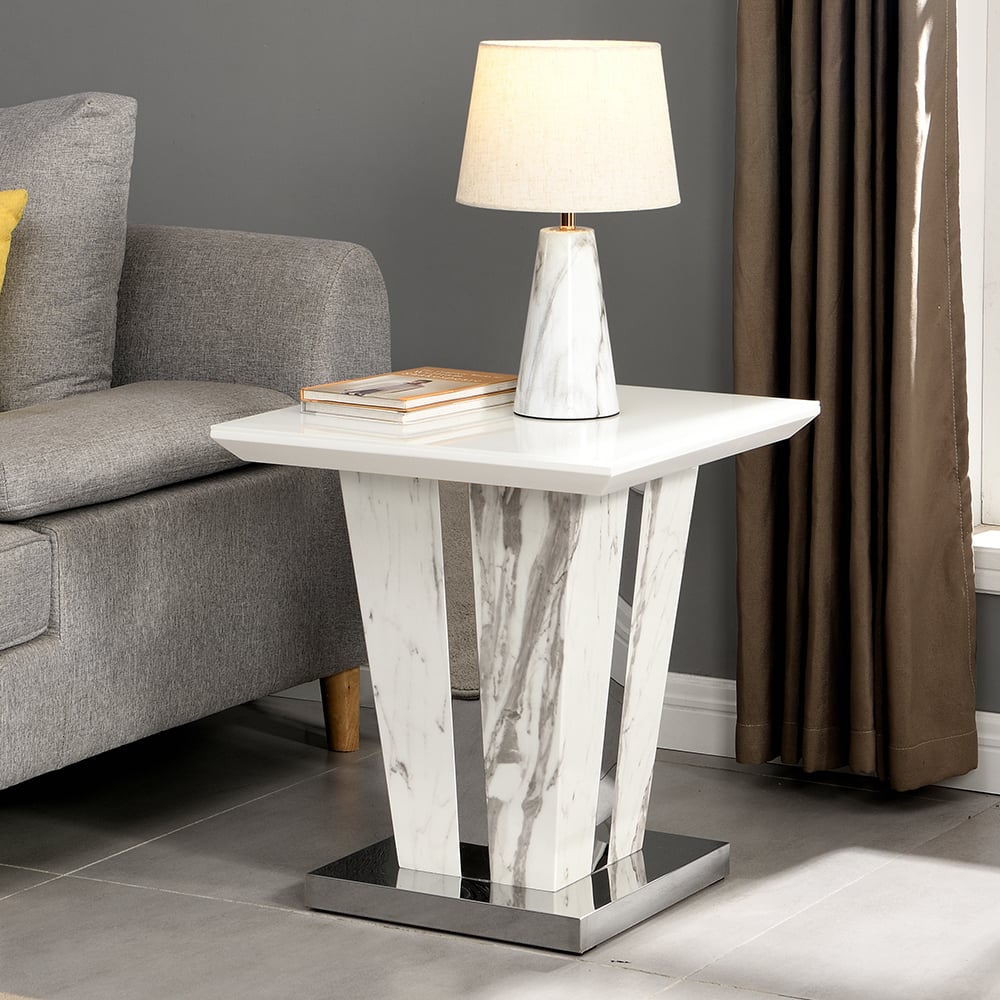 Merrill High Gloss Lamp Table In Filo Marble Effect Glass Top