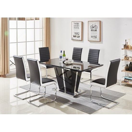 Merrill Large Black Gloss Dining Table 6 Sylvania Black Chairs