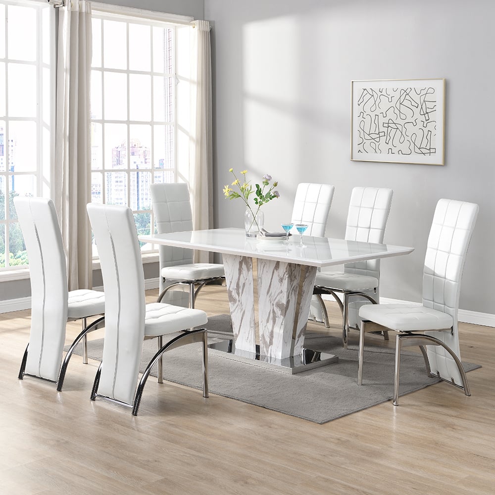 Merrill Large Filo Effect Dining Table 6 Riverton White Chairs