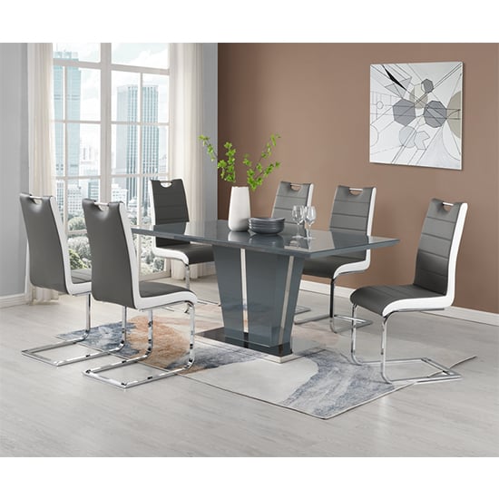 Merrill Large Grey Gloss Dining Table 6 Petersburg Grey White Chairs