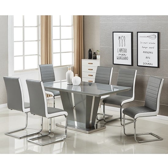 Merrill Large Grey Gloss Dining Table 6 Sylvania Grey Chairs