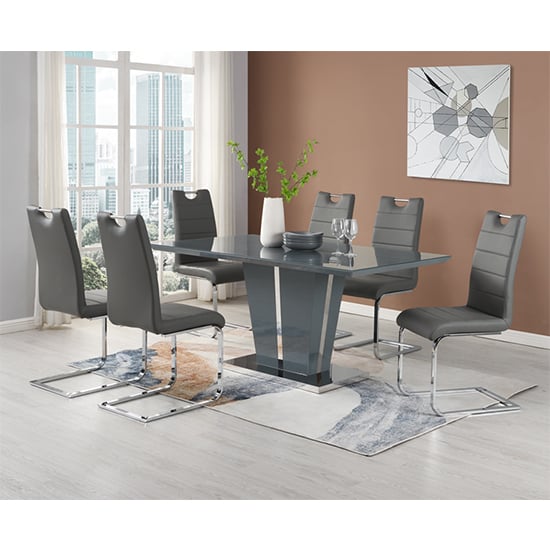 Merrill Large Grey Gloss Dining Table With 6 Petersburg Grey Chairs
