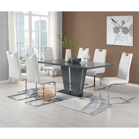 Merrill Large Grey Gloss Dining Table With 6 Petersburg White Chairs