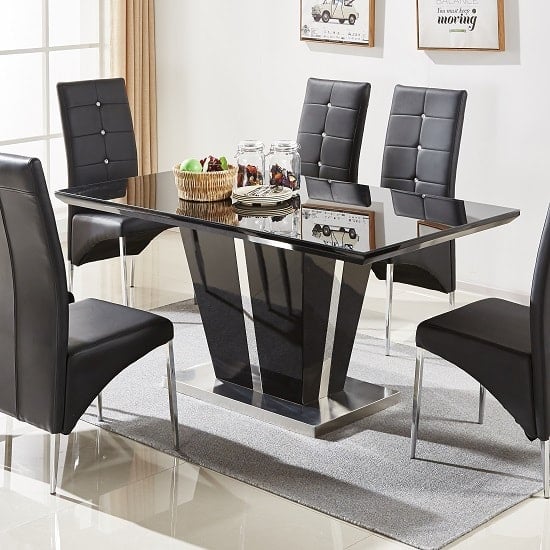Merrill Large High Gloss Dining Table In Black With Glass Top