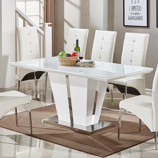 Merrill Large High Gloss Dining Table In White With Glass Top