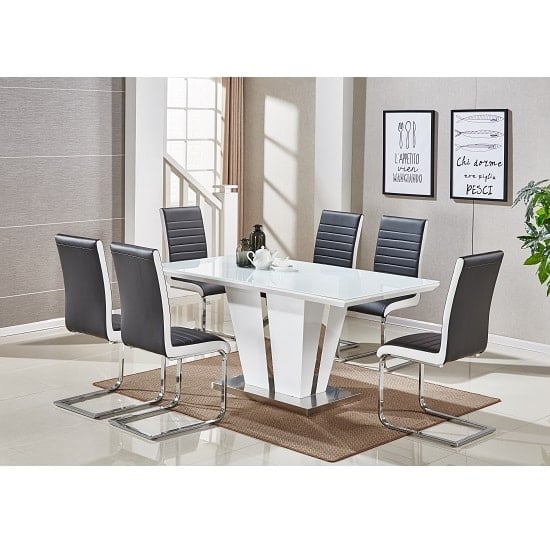 Merrill Large White Gloss Dining Table 6 Sylvania Black Chairs