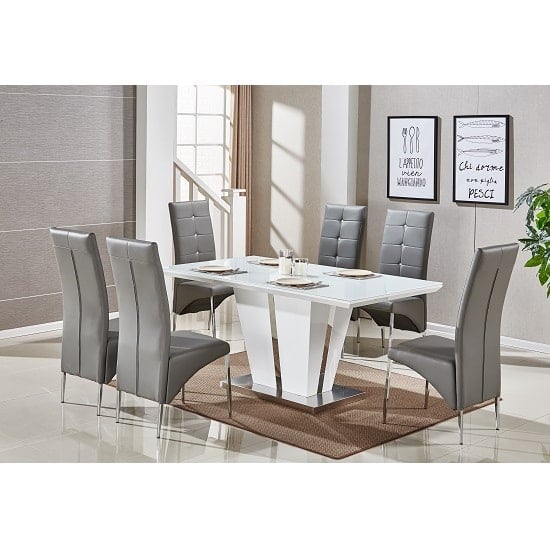 Merrill Large White Gloss Dining Table 6 Versilia Grey Chairs