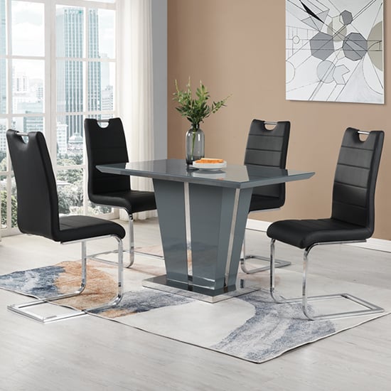 Merrill Small Grey Gloss Dining Table With 4 Petersburg Black Chairs