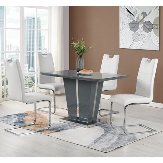 Merrill Small Grey Gloss Dining Table With 4 Petersburg White Chairs