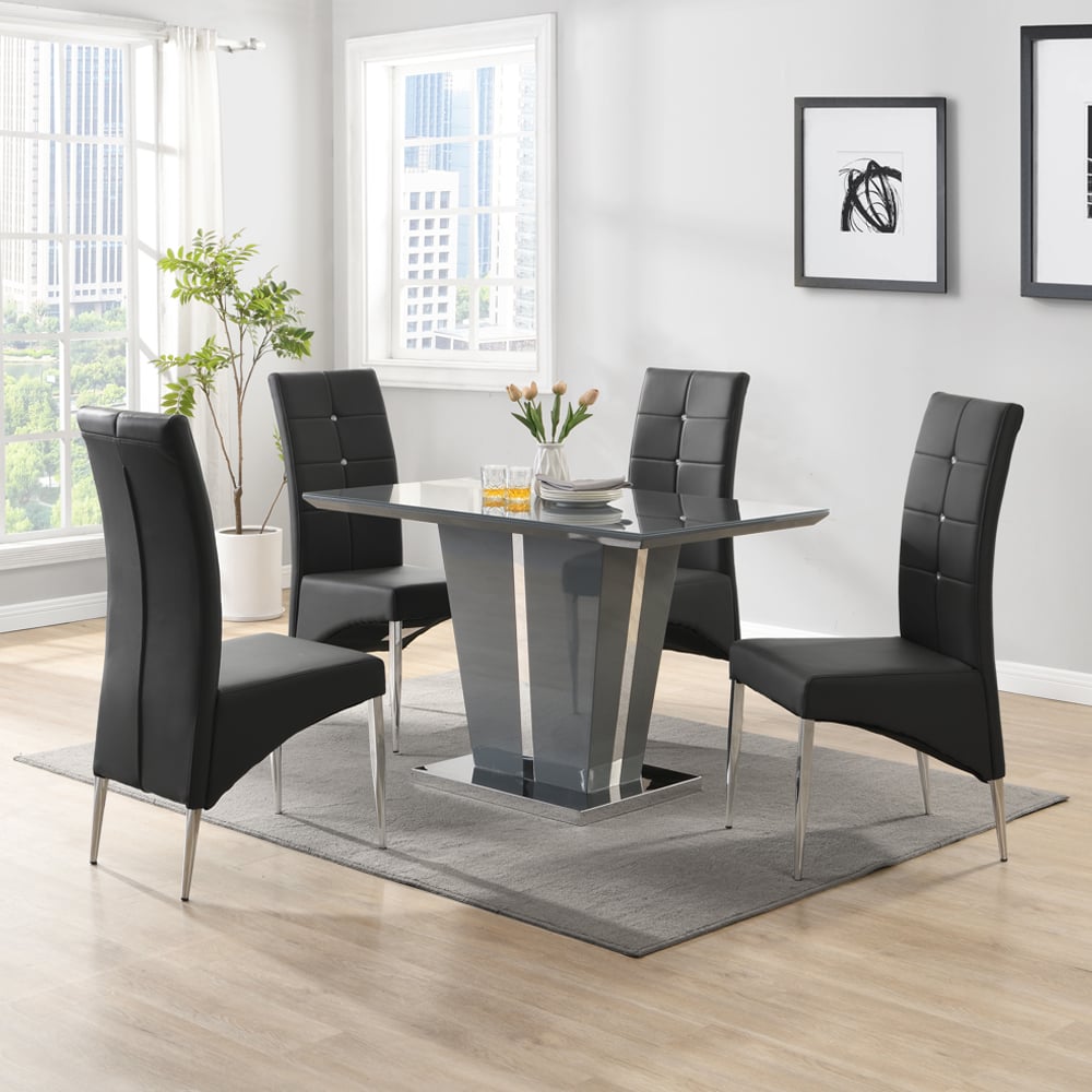 Merrill Small Grey Gloss Dining Table With 4 Versilia Black Chairs