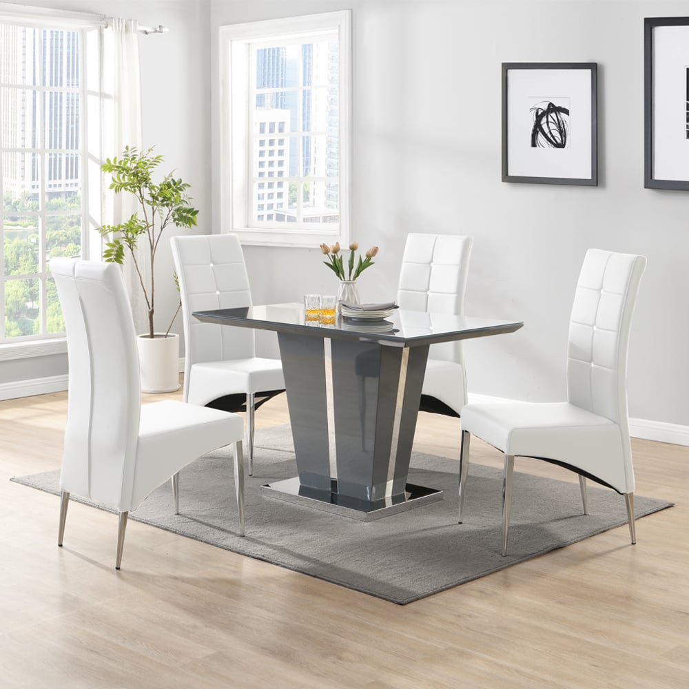 Merrill Small Grey Gloss Dining Table With 4 Versilia White Chairs