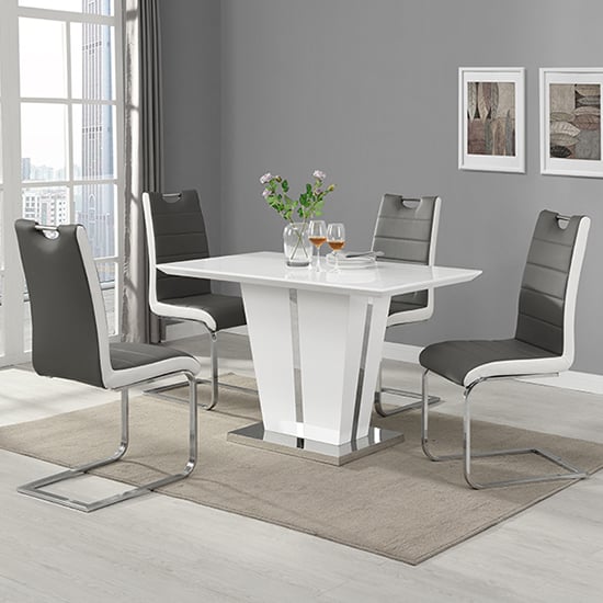 Merrill Small White Gloss Dining Table 4 Petersburg Grey Chairs