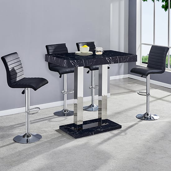 Moline Milano Marble Effect Gloss Bar Table With 4 Rifle White Stools