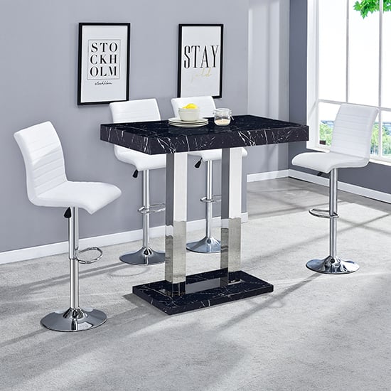 Moline Milano Marble Effect Gloss Bar Table With 4 Rifle White Stools