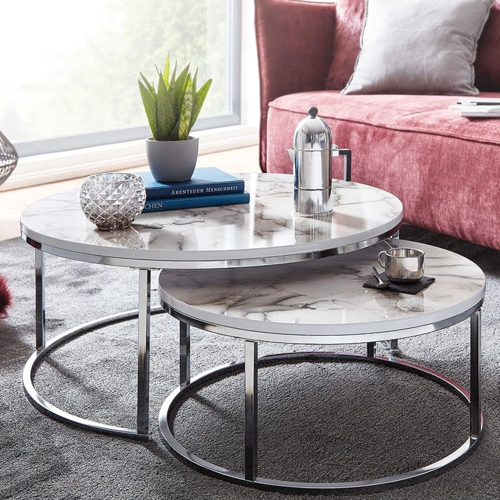 Myrtle Wooden Nesting Coffee Tables In White Marble Effect