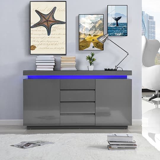 Odense Grey High Gloss Sideboard With 2 Door 4 Drawer And LED