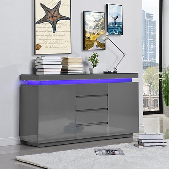 Odense Grey High Gloss Sideboard With 2 Door 4 Drawer And LED