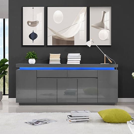 Odense Grey High Gloss Sideboard With 5 Door 2 Drawer And LED