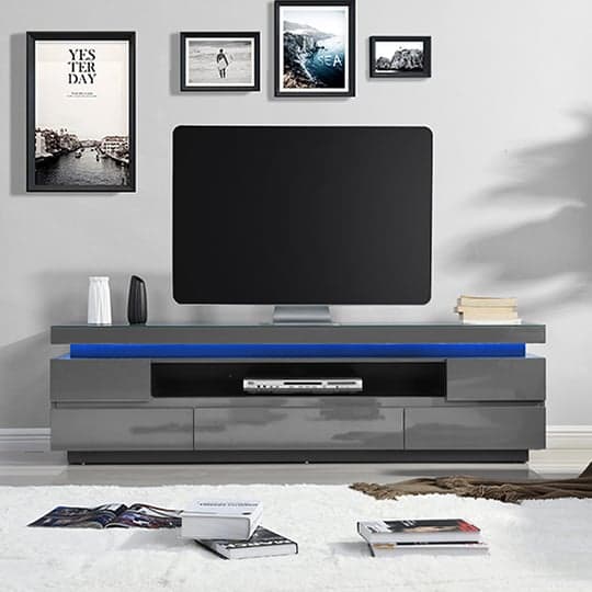 Odense Grey High Gloss TV Stand With 5 Drawers And LED Lights