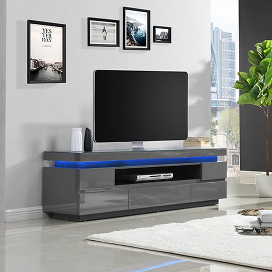 Odense Grey High Gloss TV Stand With 5 Drawers And LED Lights