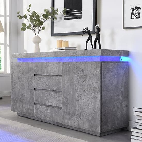 Odense Sideboard With 2 Door 4 Drawer In Concrete Effect And LED