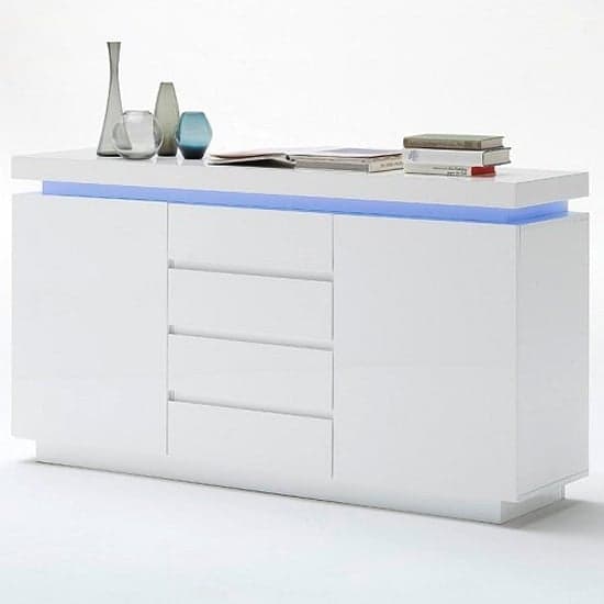 Odense White High Gloss Sideboard With 2 Door 4 Drawer And LED