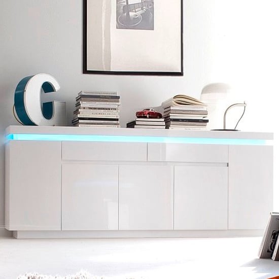 Odense White High Gloss Sideboard With 5 Door 2 Drawer And LED