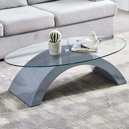 Omak Oval Clear Glass Coffee Table With Grey High Gloss Base