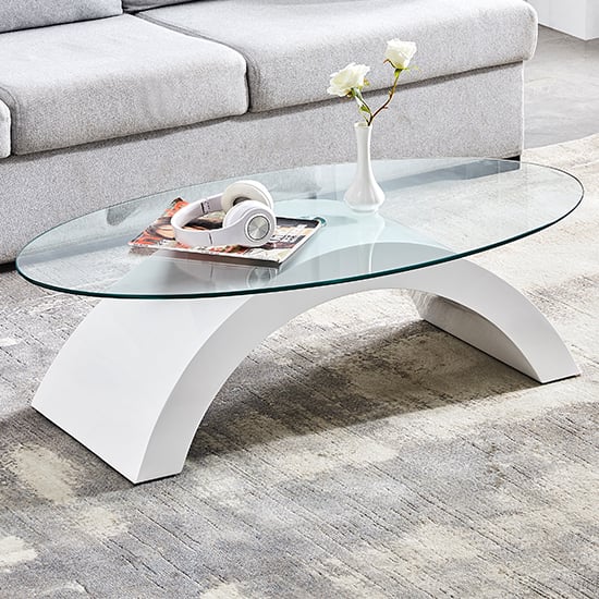 Omak Oval Clear Glass Coffee Table With White High Gloss Base