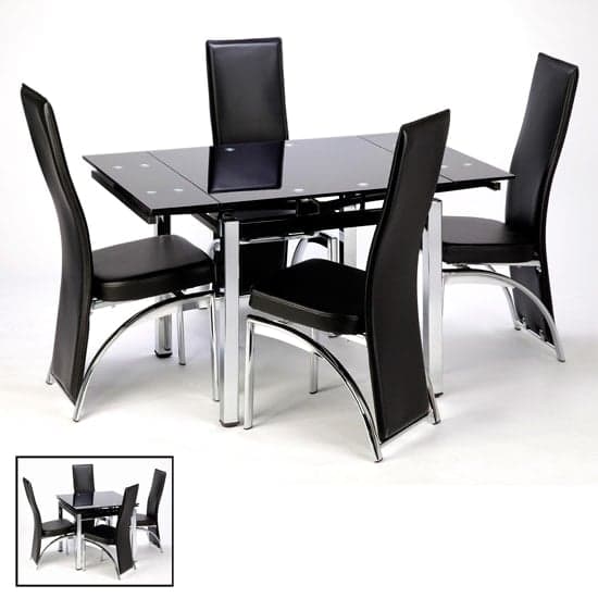 Paradise Extendable Glass Dining Table In Black And 4 Rimouski Chairs