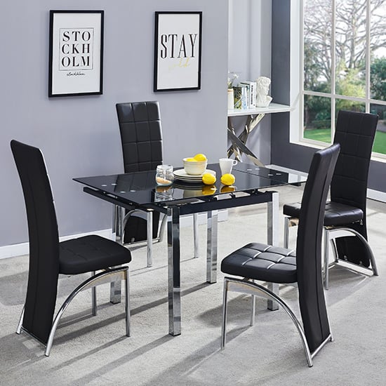 Paradise Extending Black Glass Dining Table 4 Riverton Black Chairs