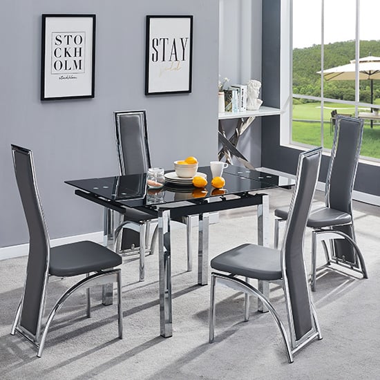 Paradise Extending Black Glass Dining Table 4 Chickasha Grey Chairs