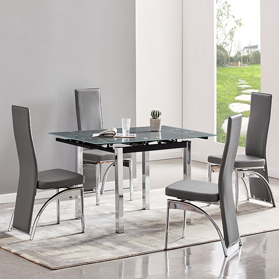 Paradise Extending Grey Glass Dining Table 4 Rimouski Grey Chairs