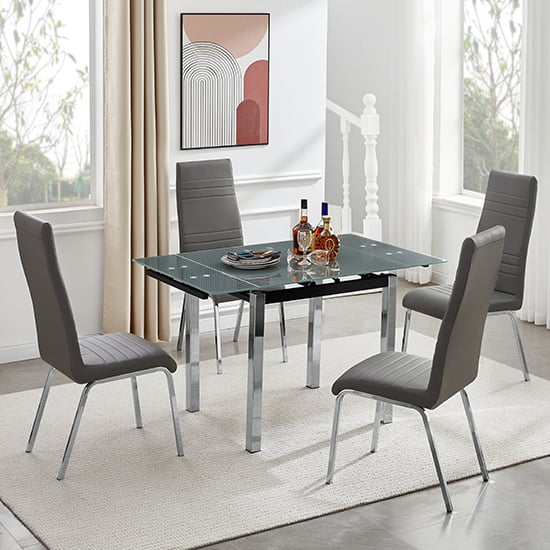 Paradise Extending Grey Glass Dining Table With 4 Dortmund Grey Chairs