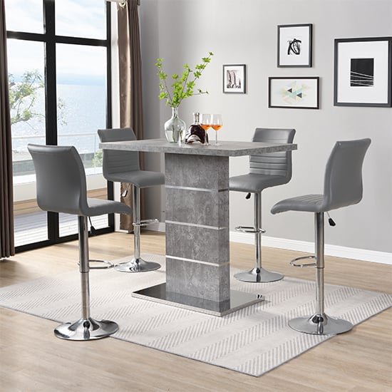 Parker Concrete Effect Bar Table With 4 Rifle Grey Stools