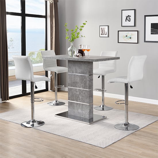 Parker Concrete Effect Bar Table With 4 Rifle White Stools