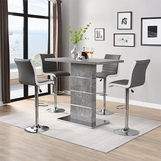 Parker Concrete Effect Bar Table With 4 Riga Grey White Stools