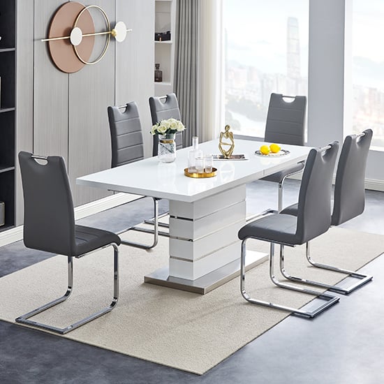 Parker Extendable High Gloss Dining Table 6 Petersburg Grey Chairs